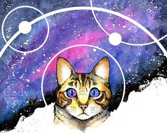 Space Cat Art, Celestial Watercolor, Kitten Art, Watercolor Galaxy Painting, Space Art, Constellation Print - Paw-Inspiring 11x14 Print