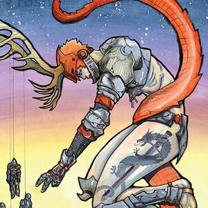 K&ouml;nnte beinhalten: Eine Fantasy-Illustration einer Person in rot-silberner R&uuml;stung mit einem Drachenschwanz, die nach einer Gruppe kleiner Figuren greift, die an einem gro&szlig;en Geweih h&auml;ngen. Der Hintergrund ist ein sternen&uuml;bers&auml;ter Nachthimmel mit einem Farbverlauf von Orange und Lila.