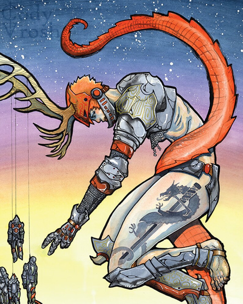K&ouml;nnte beinhalten: Eine Fantasy-Illustration einer Person in rot-silberner R&uuml;stung mit einem Drachenschwanz, die nach einer Gruppe kleiner Figuren greift, die an einem gro&szlig;en Geweih h&auml;ngen. Der Hintergrund ist ein sternen&uuml;bers&auml;ter Nachthimmel mit einem Farbverlauf von Orange und Lila.