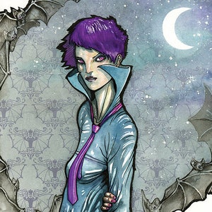 May include: A woman with purple hair and a blue shirt with a purple tie stands in front of a background of bats and a crescent moon. The background is a watercolor painting with a starry night sky.