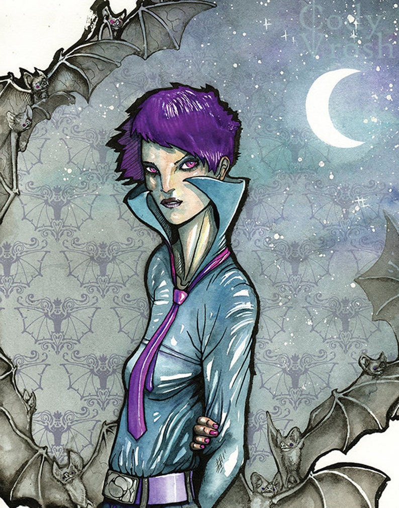May include: A woman with purple hair and a blue shirt with a purple tie stands in front of a background of bats and a crescent moon. The background is a watercolor painting with a starry night sky.