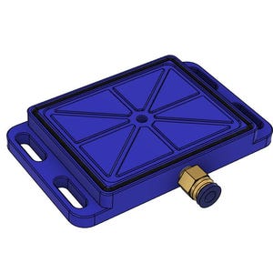 Może przedstawiać: Czujnik ciśnienia powietrza wykonany z niebieskiego plastiku z mosiężnym złączem. Czujnik ma prostokątną podstawę z kwadratowym otworem w środku. Otwór jest podzielony na sześć sekcji liniami promieniującymi od środka.