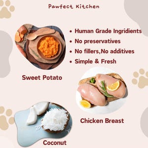 May include: Pawfect Kitchen: A close-up of three ingredients for pet food, sweet potato, coconut, and chicken breast. The ingredients are fresh and simple, with no preservatives, fillers, or additives. Human Grade Ingredients. No preservatives. No fillers, No additives. Simple & Fresh.