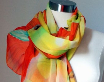 Handpainted Long Silk-Chiffon Fruity Scarf. Large Silk Shawl. Yellow Pears on Orange. Bright Gift. Modern Fall Fashion. 22x90 in.