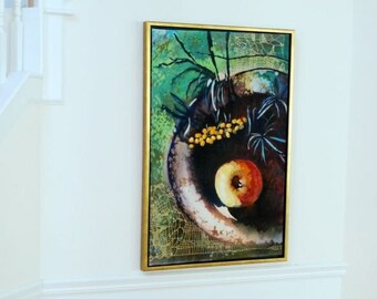 One Apple - Original Hand Painted Batik Art - Framed - Large Wall Art - 24"x36" - Rosh Hashanah and Christmas GIFT