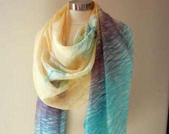 HUGE Hand-Painted Silk Shawl & Wrap - 36''X 104" - "Pastel Safari "- Soft Turquoise, Purple, Peach Colors. Stylish Gift for HER.