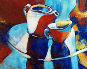 Original Oil Painting on canvas.  Abstract Art. COFFEE OR TEA - 24'' x 30''. Contemporary Wall Art. Modern Painting.