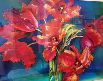 Original Batik Wall ART. Hand-Painted Silk-Fabric Panel. Tulips. Modern Art. Framed. 24"x 36"