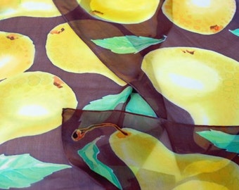 Hand-Painted Fruity Silk Scarf. Yellow Pears with Dark Chocolate. Silk Chiffon. Stylish Gift for Grandmather. 14'' x 72''