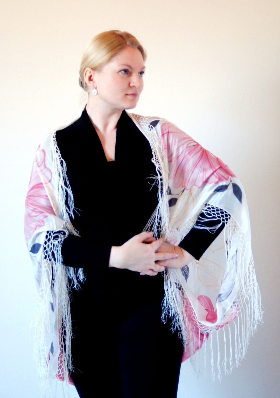 Large Handpainted Floral Silk Shawl. Square Silk Shawl With Etsy