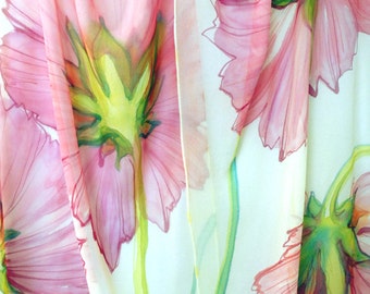 Hand Painted Silk-Chiffon Floral Batik Scarf/Shawl XL size. "Big Pink Flowers".Elegant Gift for Mom. Flowers for Best Mom-in-low.