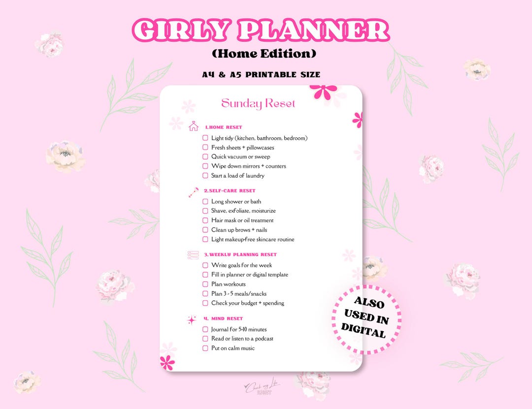 Sunday Reset Checklist Printable - Weekly Reset Planner - Self Care ...