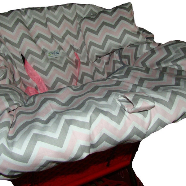 Shopping Cart Cover for baby or toddler girl  - Padded Grocery Cart Seat Cover - Restaurant High Chair Cover - Grey, Pink and White Chevron
