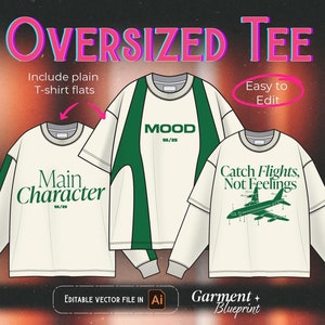 Streetwear T-shirt oversize flats bundle Y2K Tee Vector Clothing Tech Pack modello vuoto Illustrator