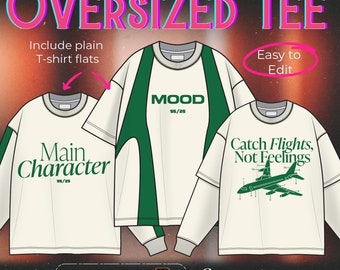 Streetwear Oversize T-Shirt flats bundle Y2K Tee Vector Clothing Tech Pack blank Template Illustrator