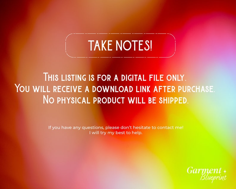 May include: A digital file listing with a colorful gradient background of red, orange, yellow, and green. The text "TAKE NOTES!" is in a white rounded rectangle. Additional text states this is a digital file, with no physical product shipped.