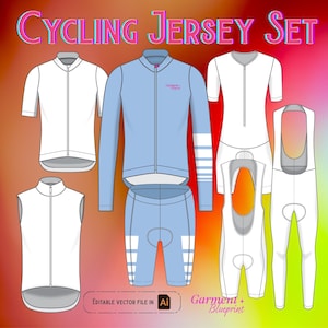 Könnte beinhalten: Ein Radsport-Trikot-Set mit einem Langarm-Trikot, einem Kurzarm-Trikot, einer Weste, einer Trägerhose und einer Tight. Das Trikot ist blau mit weißen Streifen, die anderen Kleidungsstücke sind weiß.
