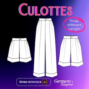 Culottes Pants Vector Template, Wide Leg Trousers Fashion CAD (ai, pdf, jpeg, png)