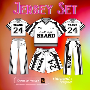 May include: A white and black jersey set design, including tops and bottoms. The tops display the text "BRAND" and the number "24". The bottoms include shorts and trousers with the same branding. The words "JERSEY SET" are at the top.