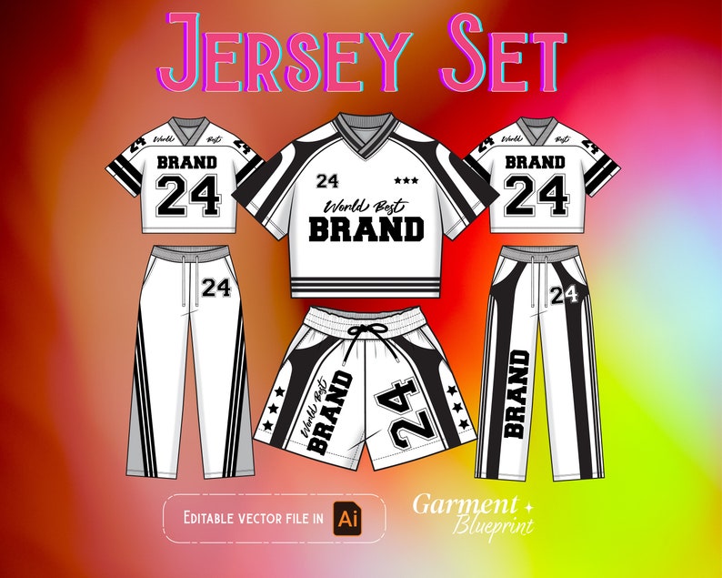 May include: A jersey set design in white and black, featuring tops and bottoms. The tops have the text "BRAND" and the number "24". The bottoms include shorts and pants with the same branding. The words "JERSEY SET" are at the top.