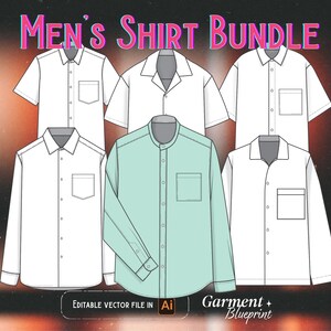 May include: A bundle of five different shirt designs. The shirts are all white with a button-down front and a pocket on the left chest. The shirts have different collar styles, including a classic collar, a spread collar, and a band collar. The shirts are all in a flat, vector style.