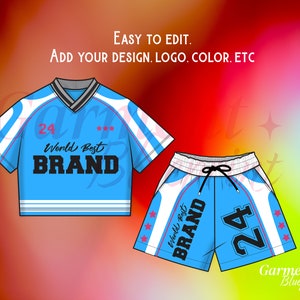 May include: A light blue athletic top and shorts set. The top has a V-neck and the shorts have a drawstring waist. Both pieces feature white and blue accents, the number "24", and the text "World Best BRAND". The image includes the text "EASY TO EDIT. ADD YOUR DESIGN. LOGO. COLOR. ETC."