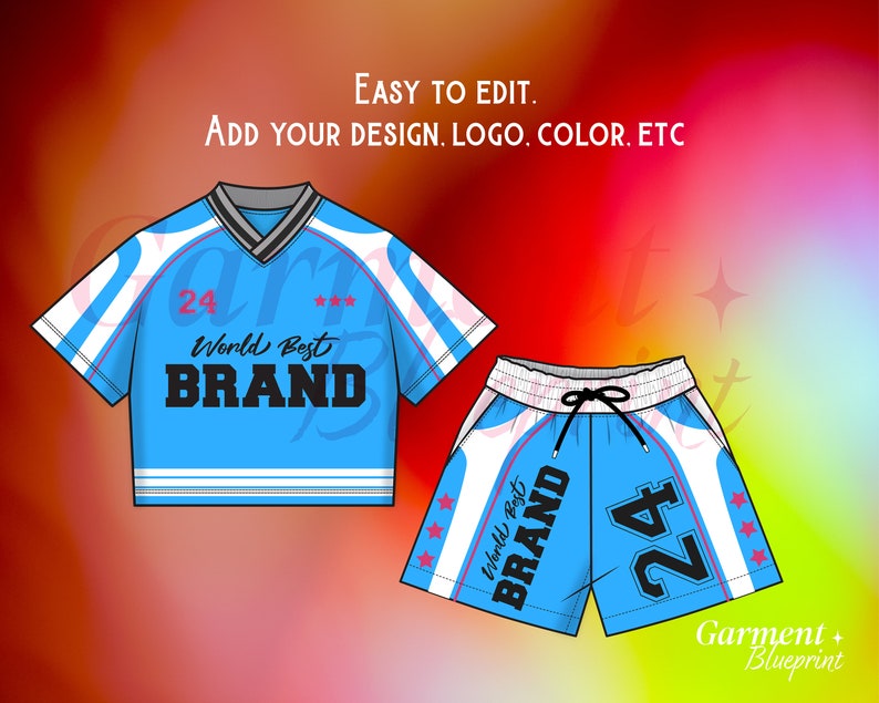 May include: A light blue athletic top and shorts set. The top has a V-neck and the shorts have a drawstring waist. Both pieces feature white and blue accents, the number "24", and the text "World Best BRAND". The image includes the text "EASY TO EDIT. ADD YOUR DESIGN. LOGO. COLOR. ETC."