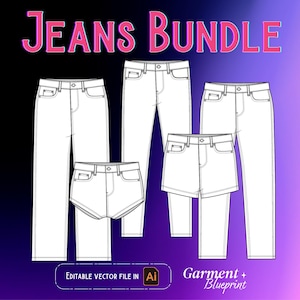 Jeans Flat Technical Drawing Illustration Fashion flat sketch jeans mockup tech pack streetwear jeans fashion CAD