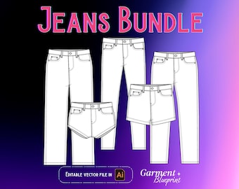 Ilustración de dibujo técnico plano de jeans, boceto plano de moda, maqueta de jeans, paquete técnico, jeans de moda urbana, CAD