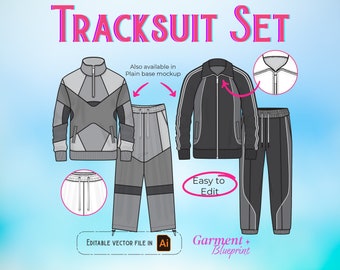 Streetwear mockup bundle flat drawing Tracksuit Vector Mockup Tracksuit Template Blank Illustrator Tech Pack