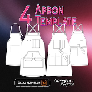 Puede incluir: Cuatro plantillas de delantal en arte de línea en blanco y negro. Las plantillas incluyen diferentes configuraciones de bolsillos y estilos de correas. El texto "4 APRON TEMPLATE" está en texto rosa y azul en la parte superior de la imagen. El texto "EDITABLE VECTOR FILE IN Ai" está en la parte inferior izquierda de la imagen. El texto "Garment + Blueprint" está en la parte inferior derecha de la imagen.
