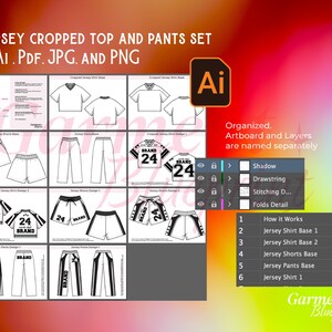 May include: A digital fashion design template for a jersey cropped top and pants set, available in AI, PDF, JPG, and PNG formats. The design includes various views of the top, shorts, and pants, with the text "BRAND 24" on some designs. The image also shows the layers and organization of the design.