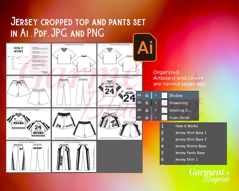 May include: A digital fashion design template for a jersey cropped top and pants set, available in AI, PDF, JPG, and PNG formats. The design includes various views of the top, shorts, and pants, with the text "BRAND 24" on some designs. The image also shows the layers and organization of the design.