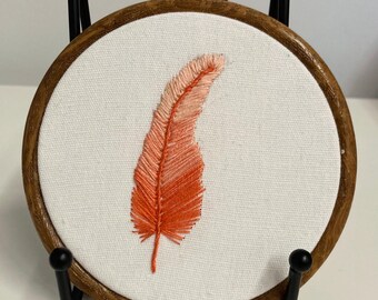 Flamingo pink feather hanging embroidery 4”