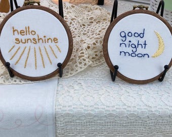 Hello sunshine and goodnight moon pair of hanging embroidery 4”