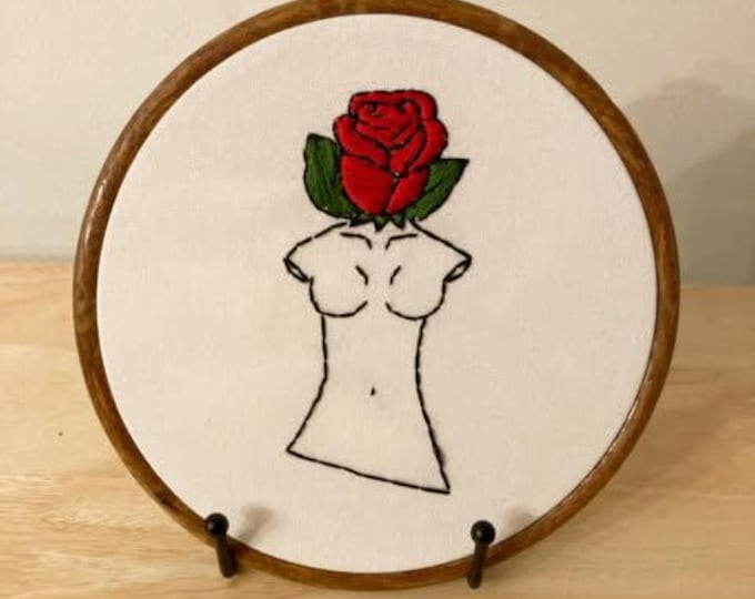 Featured listing image: Woman's torso bust with rose for head Valentine’s Day hanging embroidery
