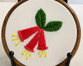 Coral honeysuckle pink flower hanging embroidery 4”