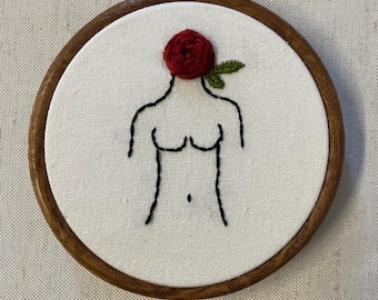 Woman's torso bust with red rose for head 4” hanging embroidery