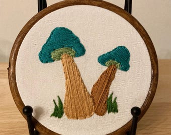 Mushroom double aquamarine teal fungi fungus ink cap hanging embroidery