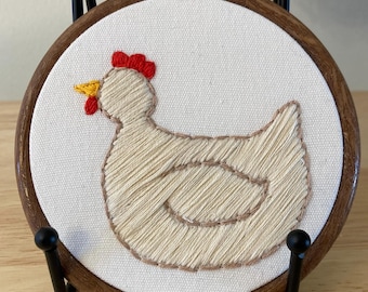 Chicken art hanging embroidery white 4”
