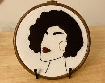 Beautiful woman face with gold earring 6.7” hanging embroidery