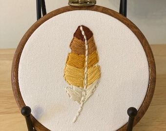 Yellow and brown feather 4” hanging embroidery