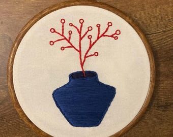 Twig with Berries in a vase hanging embroidery
