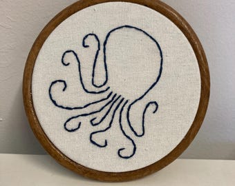 Octopus sea creature kraken line art hanging embroidery 4”
