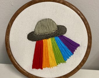 UFO Alien Spaceship Wall Art - Rainbow Laser Beam Embroidery - Colorful Sci-Fi Nursery Decor - Unique Hand Stitched Space Gift
