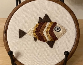 Brown and gold fish hanging embroidery 4”