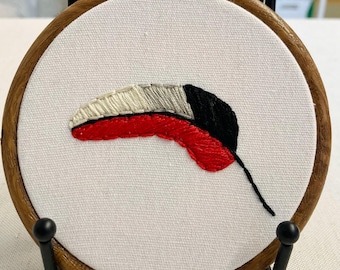 Pileated woodpecker feather hanging embroidery 4”