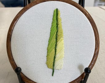 Parakeet green and yellow feather 4” hanging embroidery