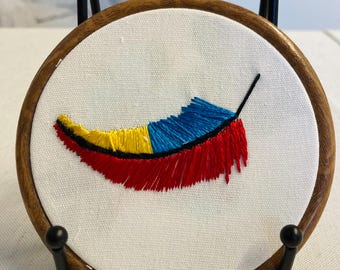 Scarlet Macaw feather hanging embroidery 4”