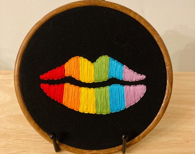 Featured listing image: Rainbow lipstick lips LGBTQIA hanging embroidery 6.7”